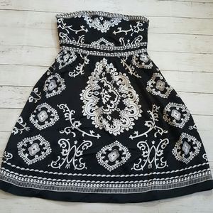 WHBM 100% silk‎ black white damask strapless dress size 4